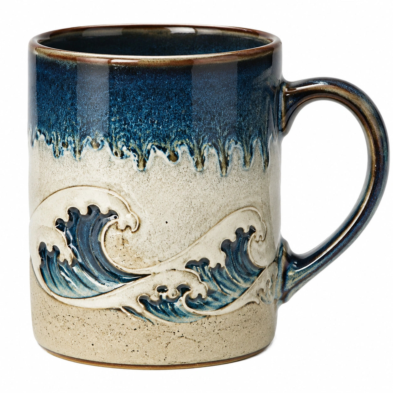 Handgefertigte Keramik Kaffeetasse 350ml mit Wellenmuster in Blau und Weiß