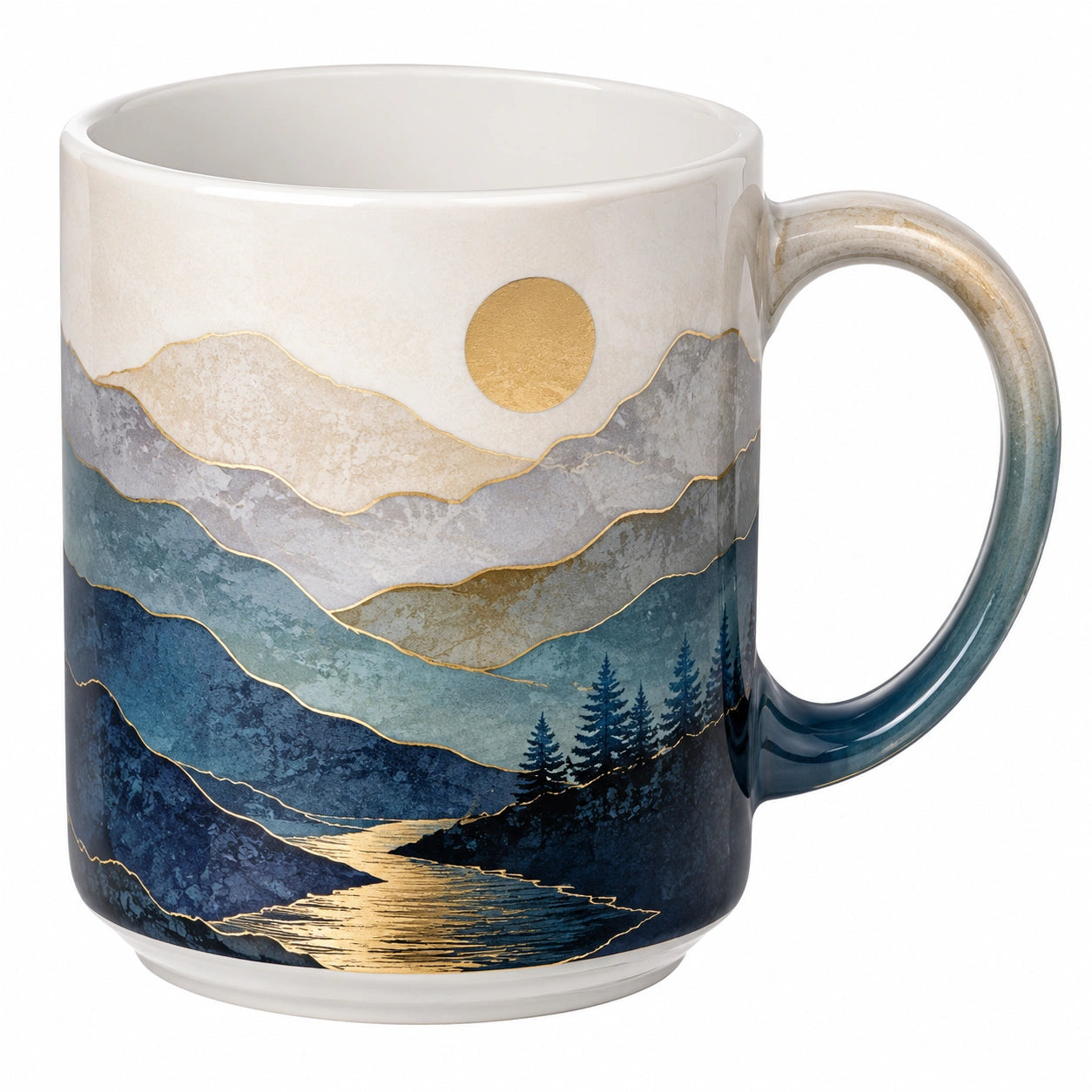 Keramikbecher mit Landschaftsmotiv in Blau und Gold
