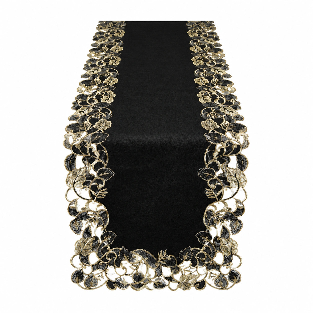 Eleganter Tischläufer mit floraler Spitze in Schwarz und Gold