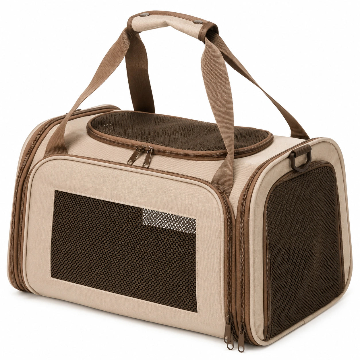 Beige/Braune Haustiertragetasche mit Netzfenster und Reißverschluss